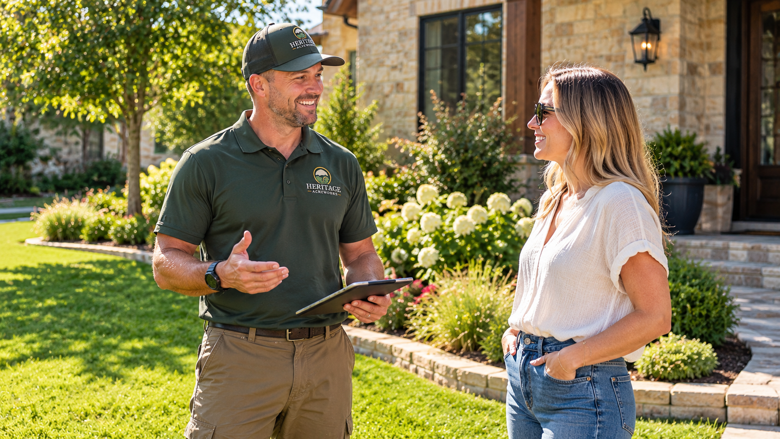 Heritage Acreworks crew member happily discussing a landscape plan with a homeowner